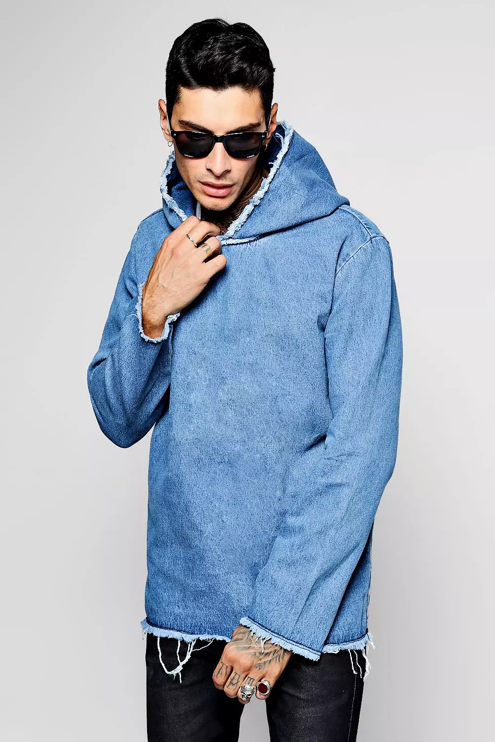 Mid Blue Oversized Distressed Denim Hoodie boohooMAN USA